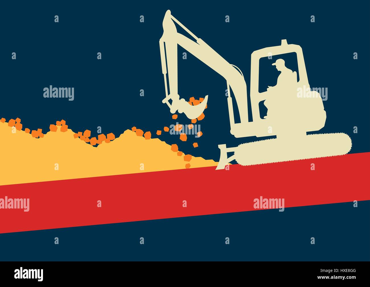 Mini excavator with worker inside cabin working in construction site vector background Stock Vector