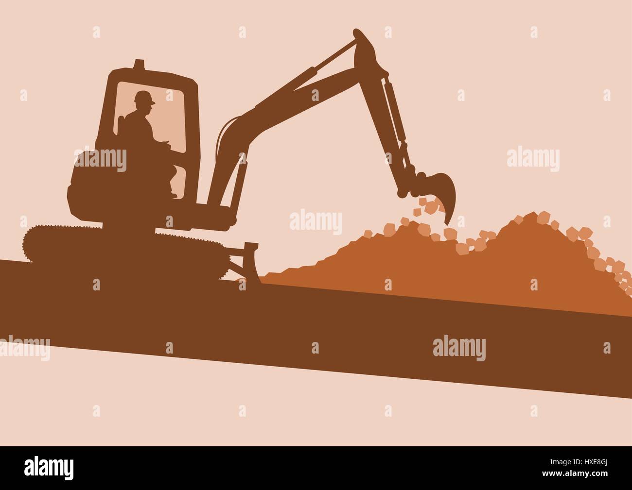 Mini excavator with worker inside cabin working in construction site vector background Stock Vector