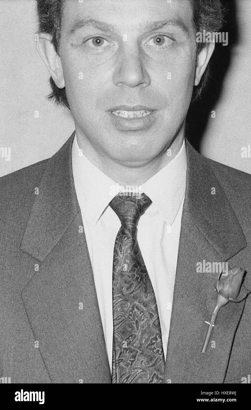 Tony Blair, Labour party Member of Parliament for Sedgefield, attends a party press conference in London, England on May 24, 1990. He later became Prime Minister of Britain. Stock Photo