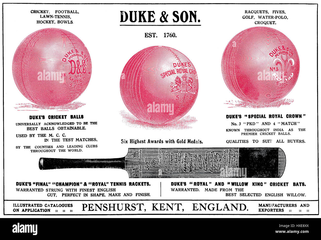 1922 Indian advertisement for Duke & Son sports equipment. Published in the Times Of India Annual, 1922. Stock Photo