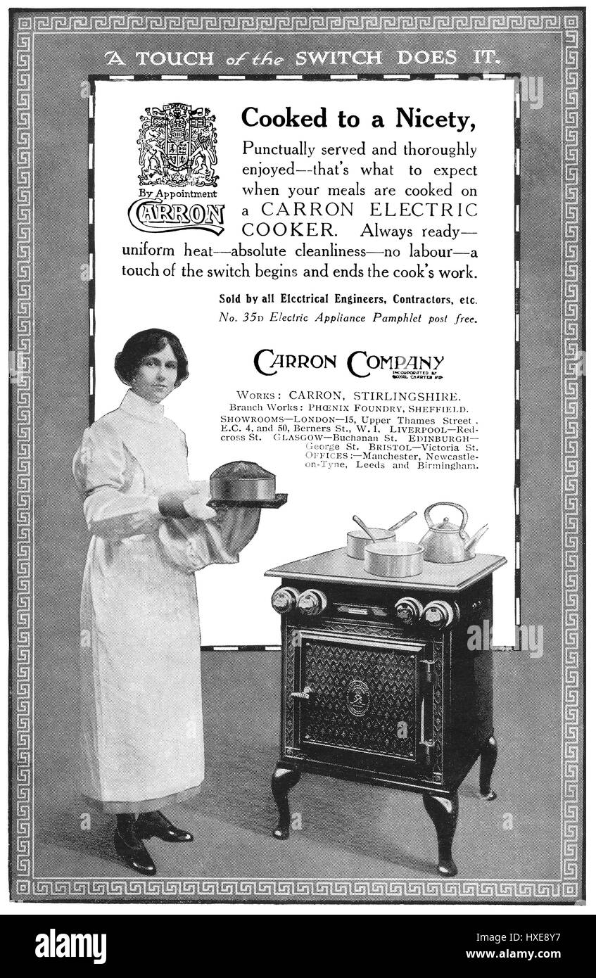 1923 British advertisement for the Carron Electric Cooker. Stock Photo