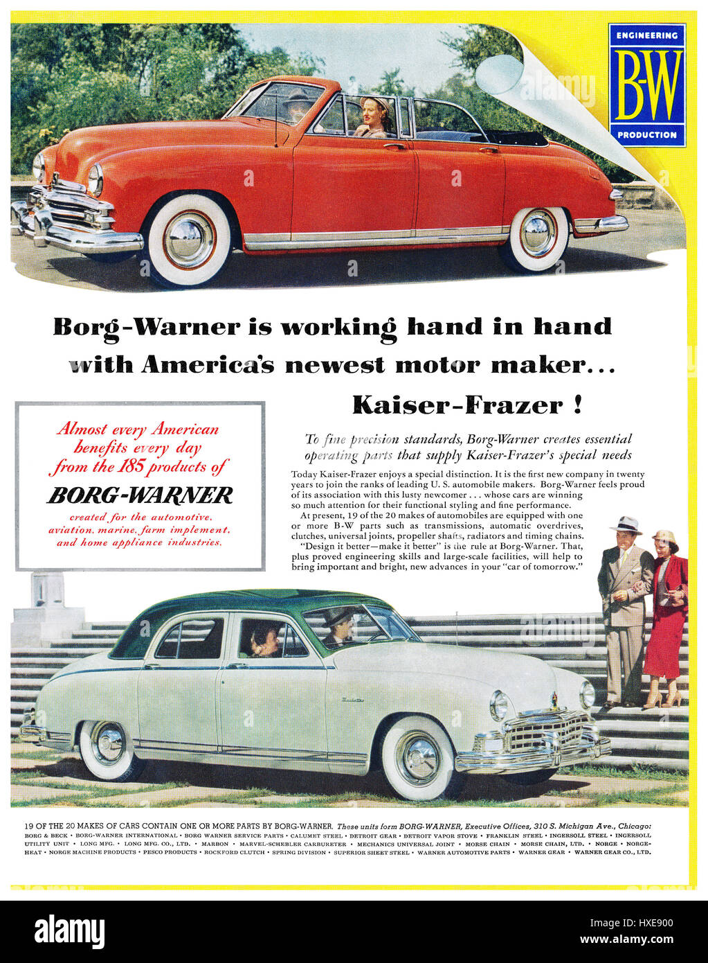1949 U.S. advertisement for Borg-Warner engineering. Stock Photo