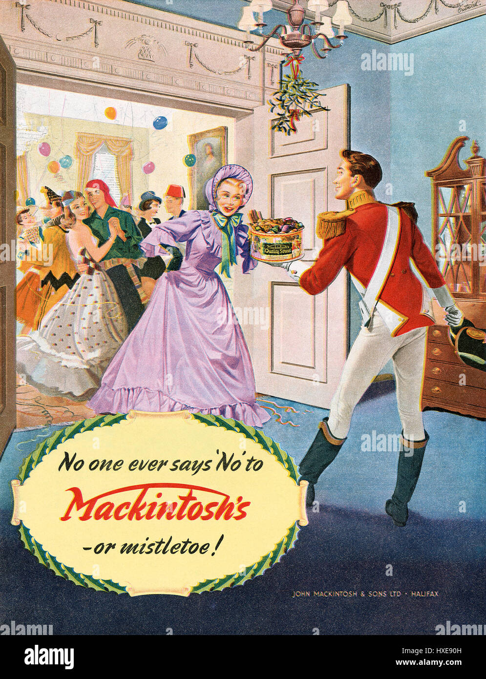 1953 British advertisement for Mackintosh's Quality Street chocolates. Stock Photo