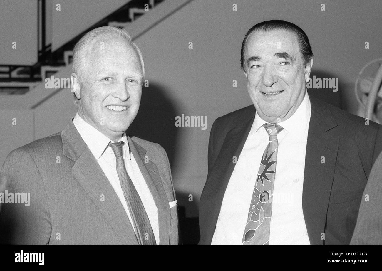 Winston Churchill (left), Conservative party Member of Parliament for Davyhulme and Robert Maxwell, Chairman of Mirror Group Newspapers, attend an event in London, England on April 17, 1991. Stock Photo