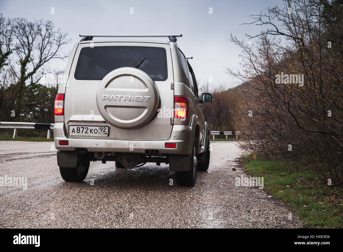 Novorossiysk, Russia - March 26, 2017: Rear view of silver gray UAZ Patriot or UAZ-3163, mid-size SUV produced by UAZ division of SeverstalAvto in Uly Stock Photo