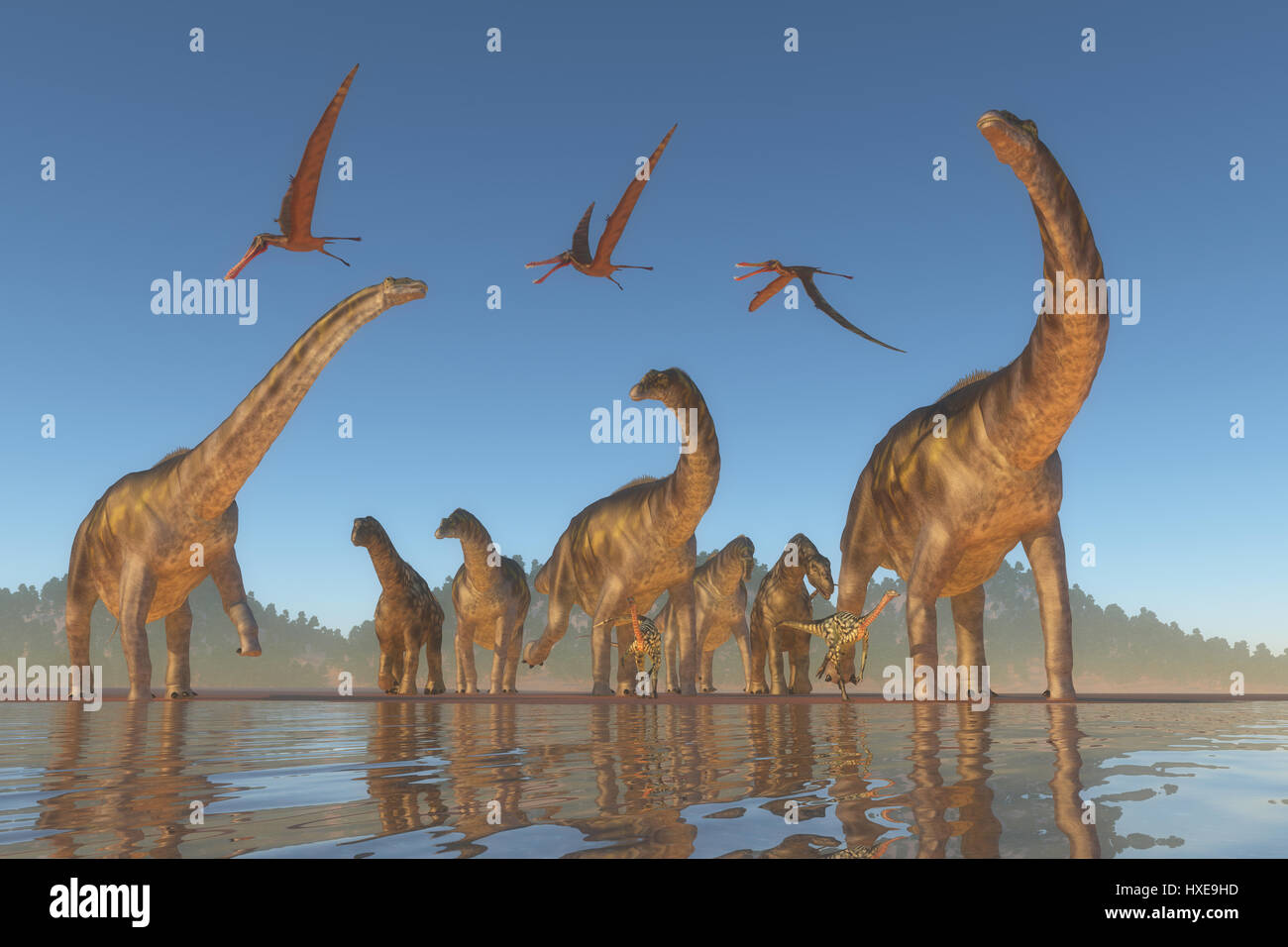 An Argentinosaurus and Deinocheirus herd gets upset when a flock of Anhanguera reptiles fly to close to them. Stock Photo