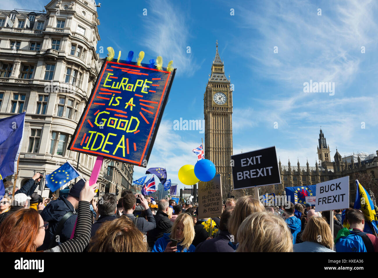 'Unite for Europe' marchers congregate in Parliament Square in front of Westminster Palace, London, UK Stock Photo