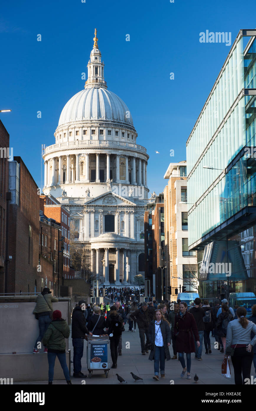 A view up Peter's Hill towards St Pauls's Cathedral on a bright spring afternoon, London, UK Stock Photo