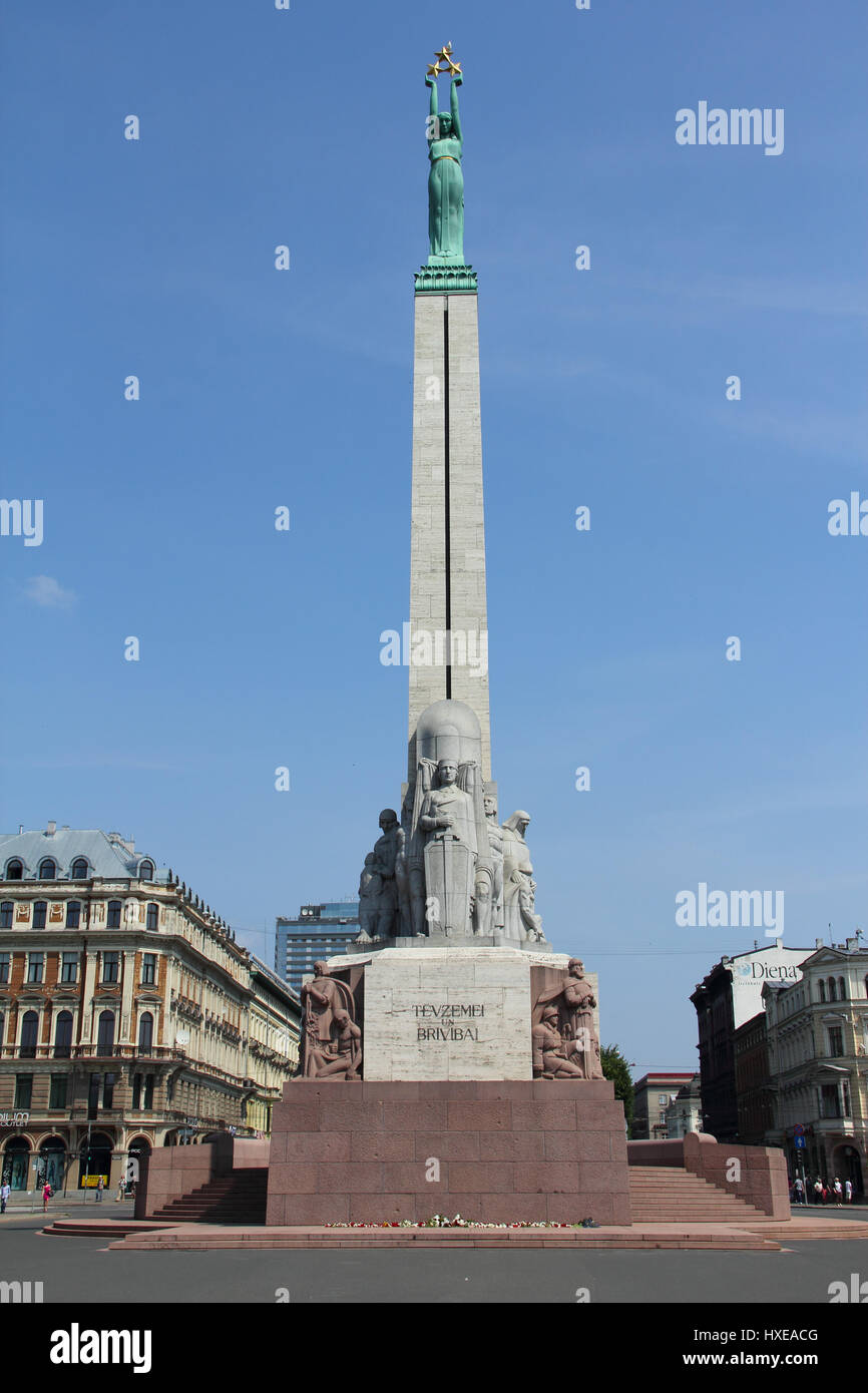 Freedom Monument with 'For Fatherland and Freedom' inscription, Riga, Latvia Stock Photo
