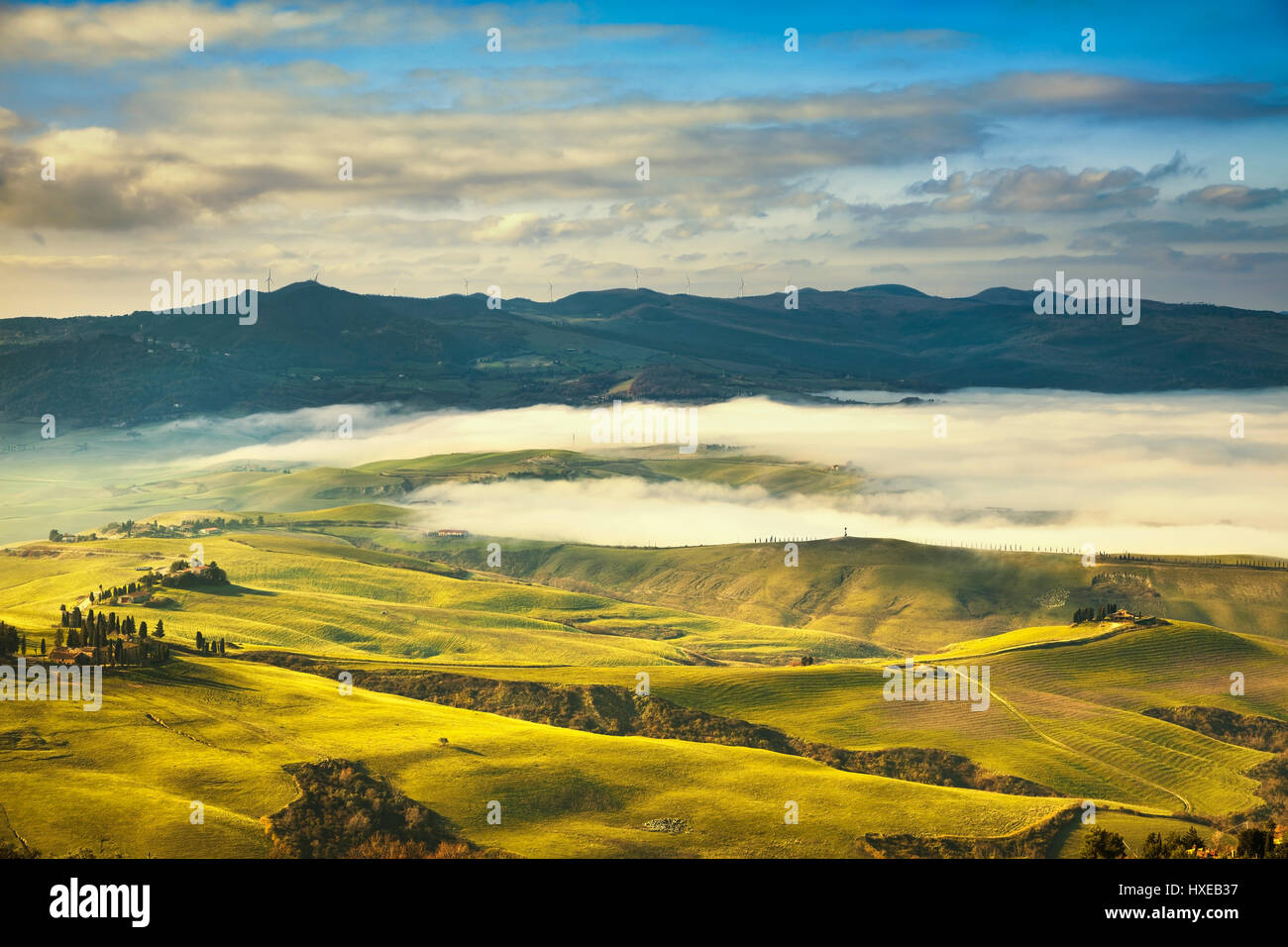Tuscany foggy morning, farmland and green fields country landscape. Volterra Italy, Europe. Stock Photo