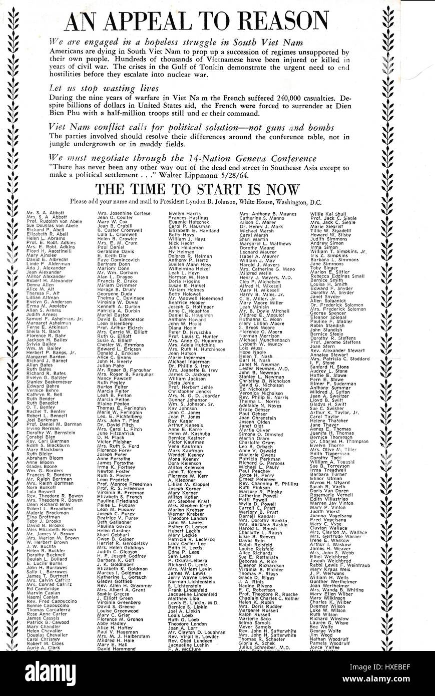 A Vietnam War era leaflet titled 'An Appeal to Reason' advocating the end of hostilities in Vietnam and featuring a list of names to which the reader is to add theirs and then mail the entire list to President Lyndon Johnson, 1967. Stock Photo