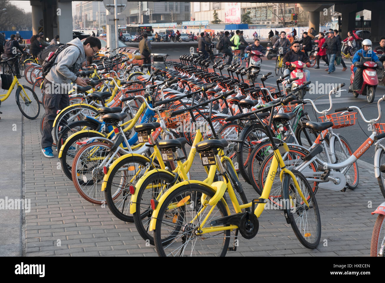 People use sharing-bikes in Beijing, China. 28-Mar-2017 Stock Photo