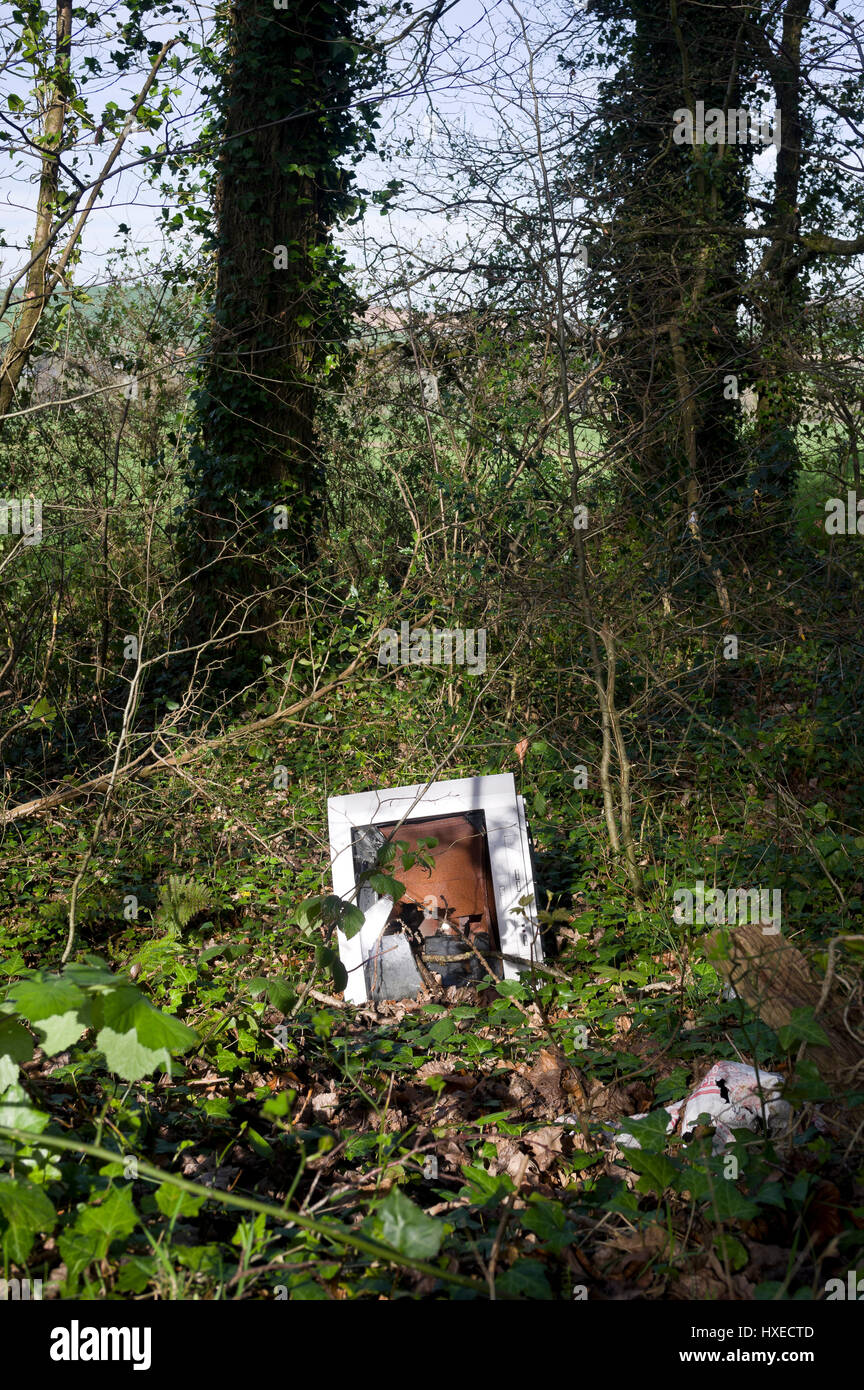 Broken television dumped in a hedge Stock Photo