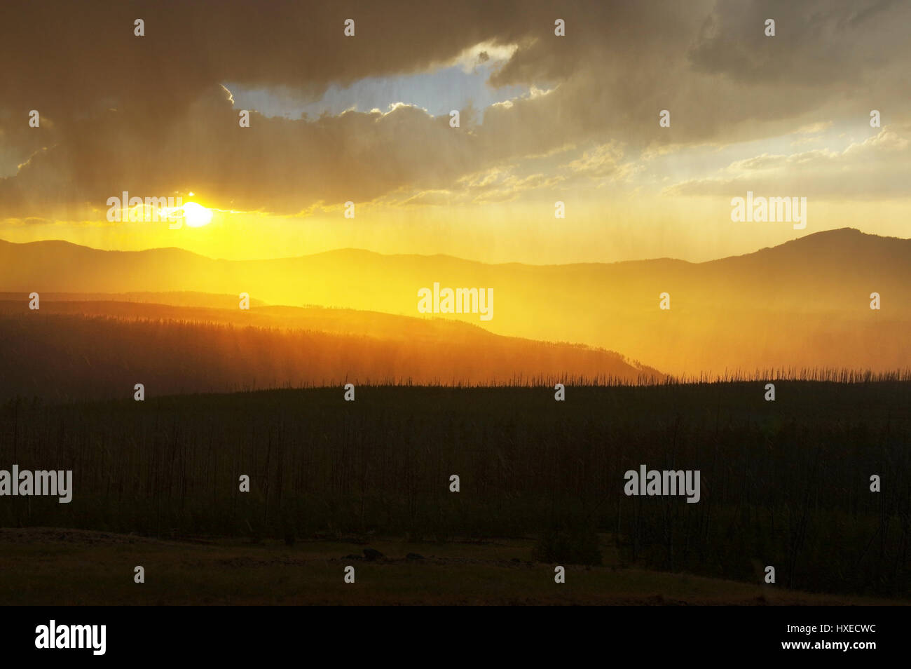 Sunset in the Rain, Yellowstone National Park, Wyoming, United States, summer 2016 Stock Photo