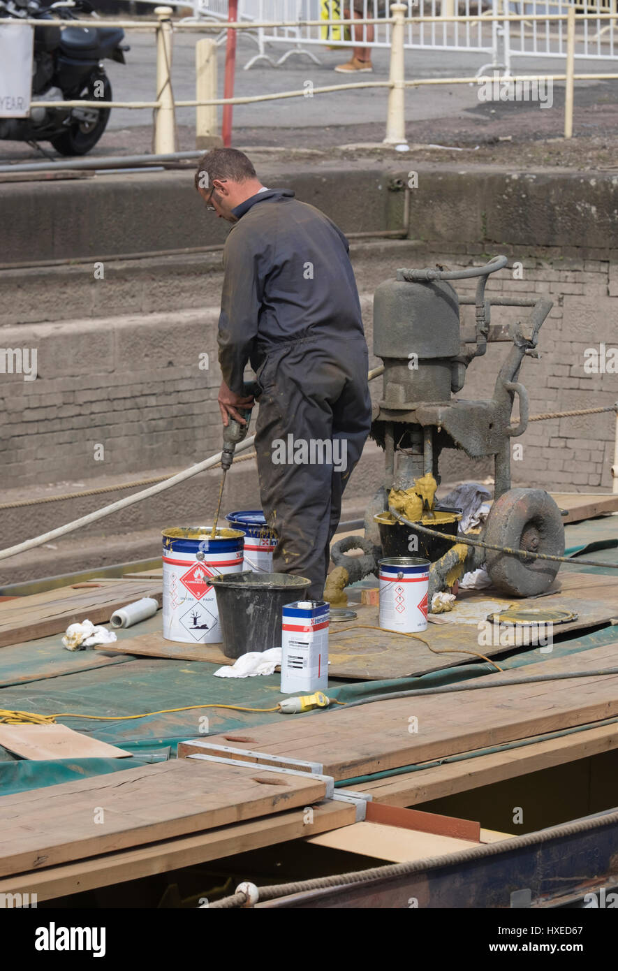 Unpowered barge Sabrina 5 being repaired and restored in Gloucester