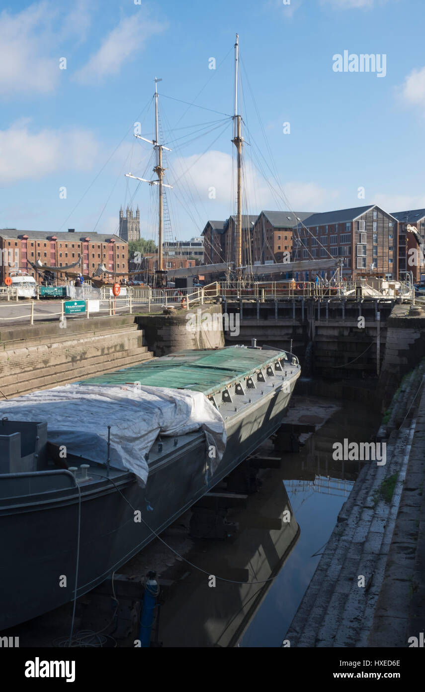Unpowered barge Sabrina 5 being repaired and restored in Gloucester docks Stock Photo Alamy