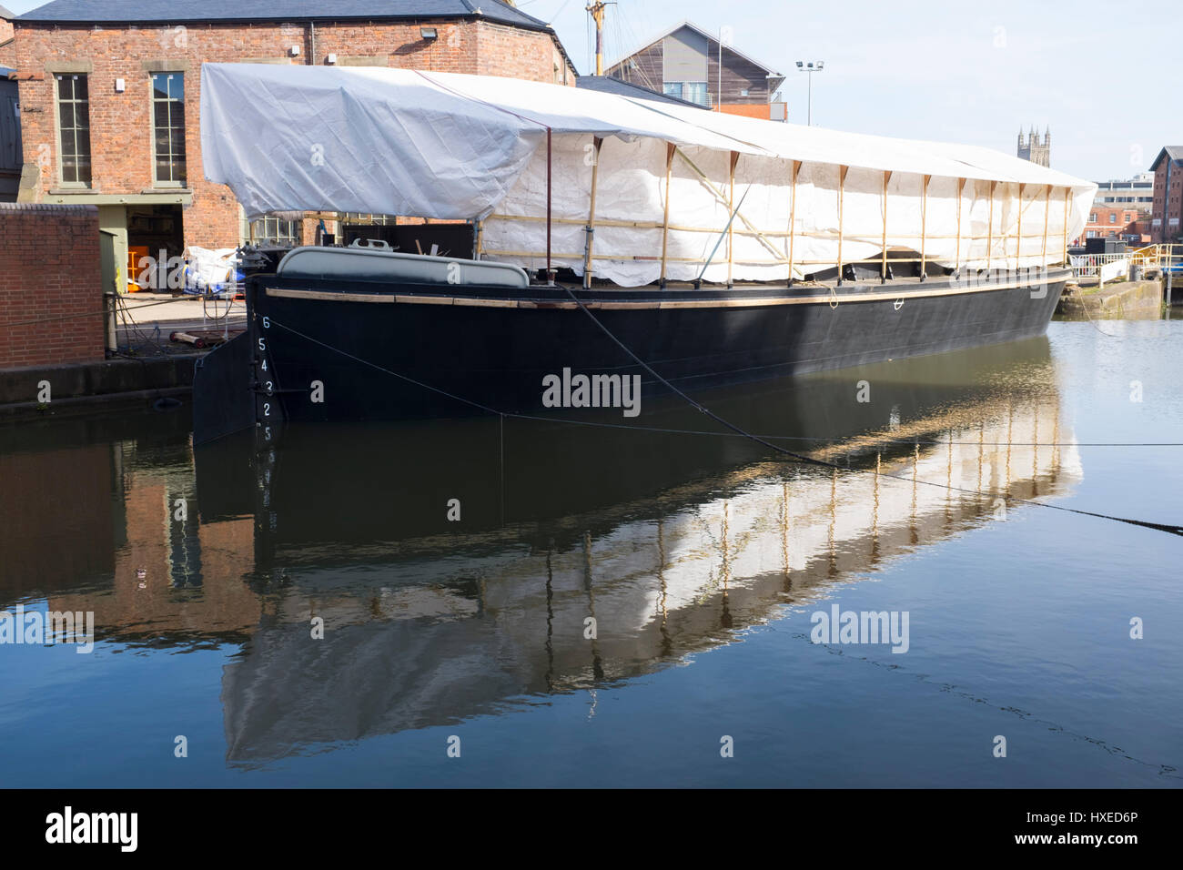 Unpowered barge Sabrina 5 being repaired and restored in Gloucester