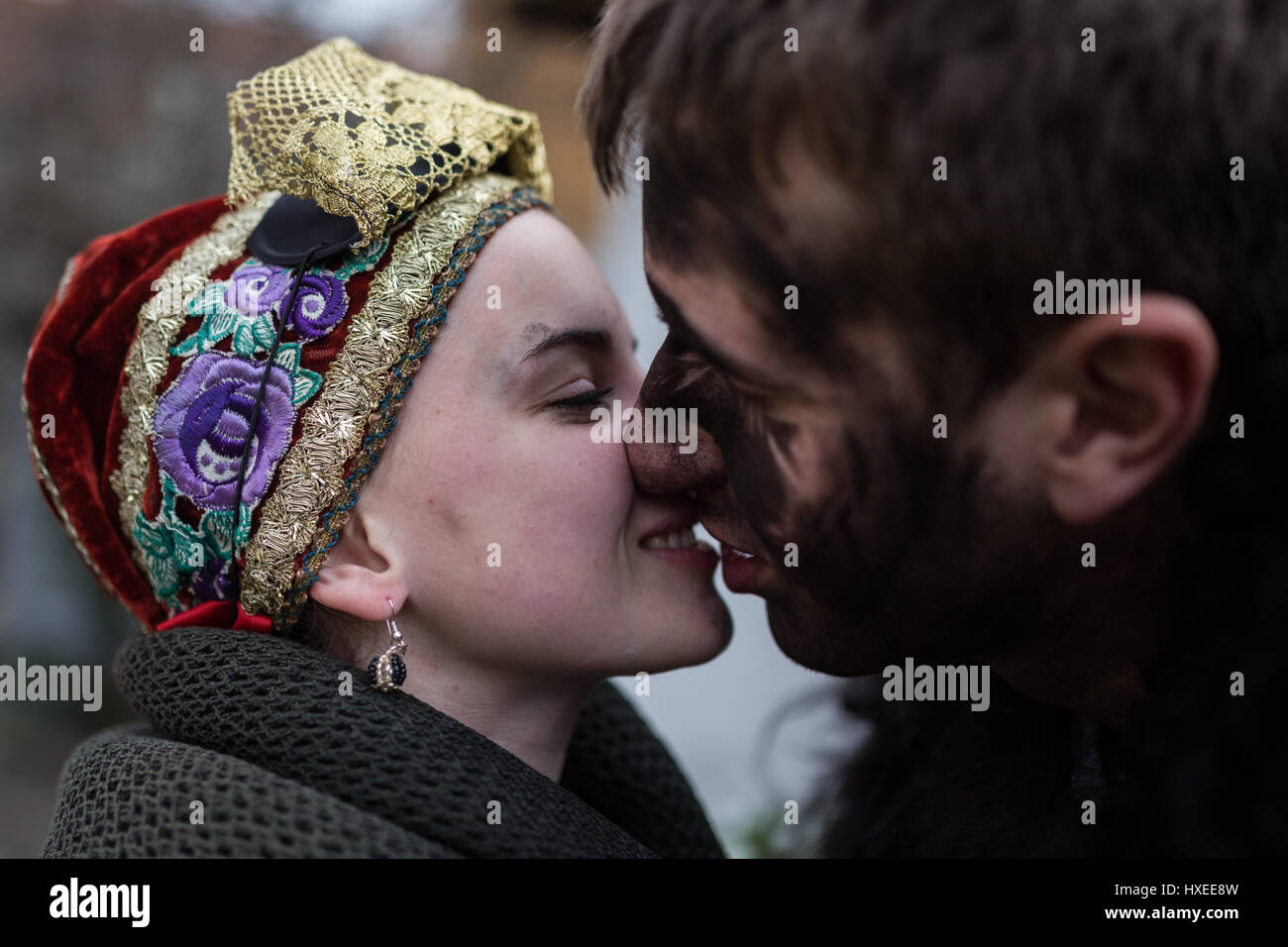 Romantic kiss during the annual Buso festivities in Mohacs, Southern Hungary Stock Photo