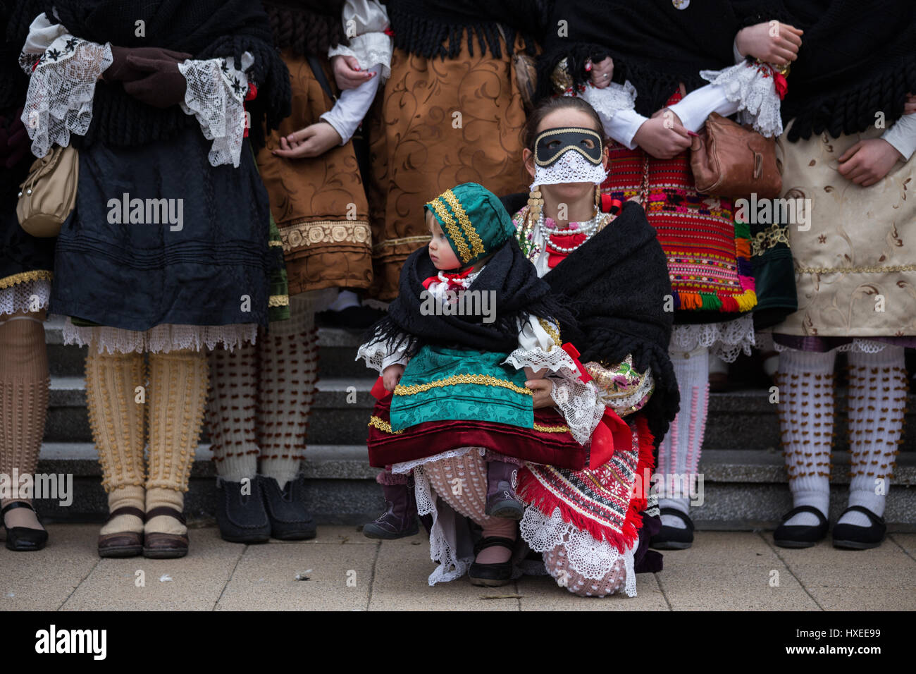 Group of sokac women with a young girl during the annual Buso festivities in Mohacs, Southern Hungary Stock Photo