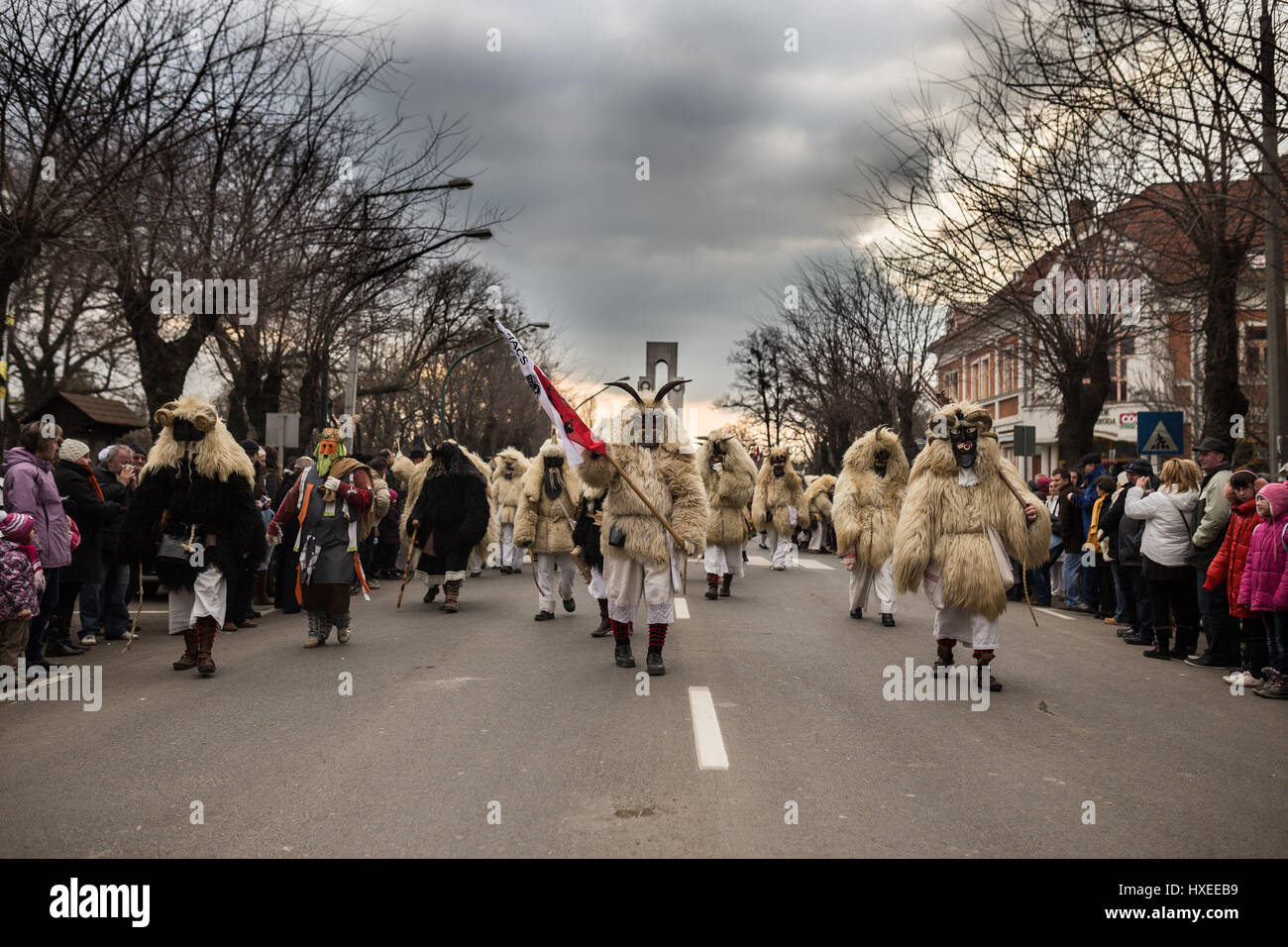Large group of 'buso' are marching in downtown Mohacs during the annual buso festivities Stock Photo