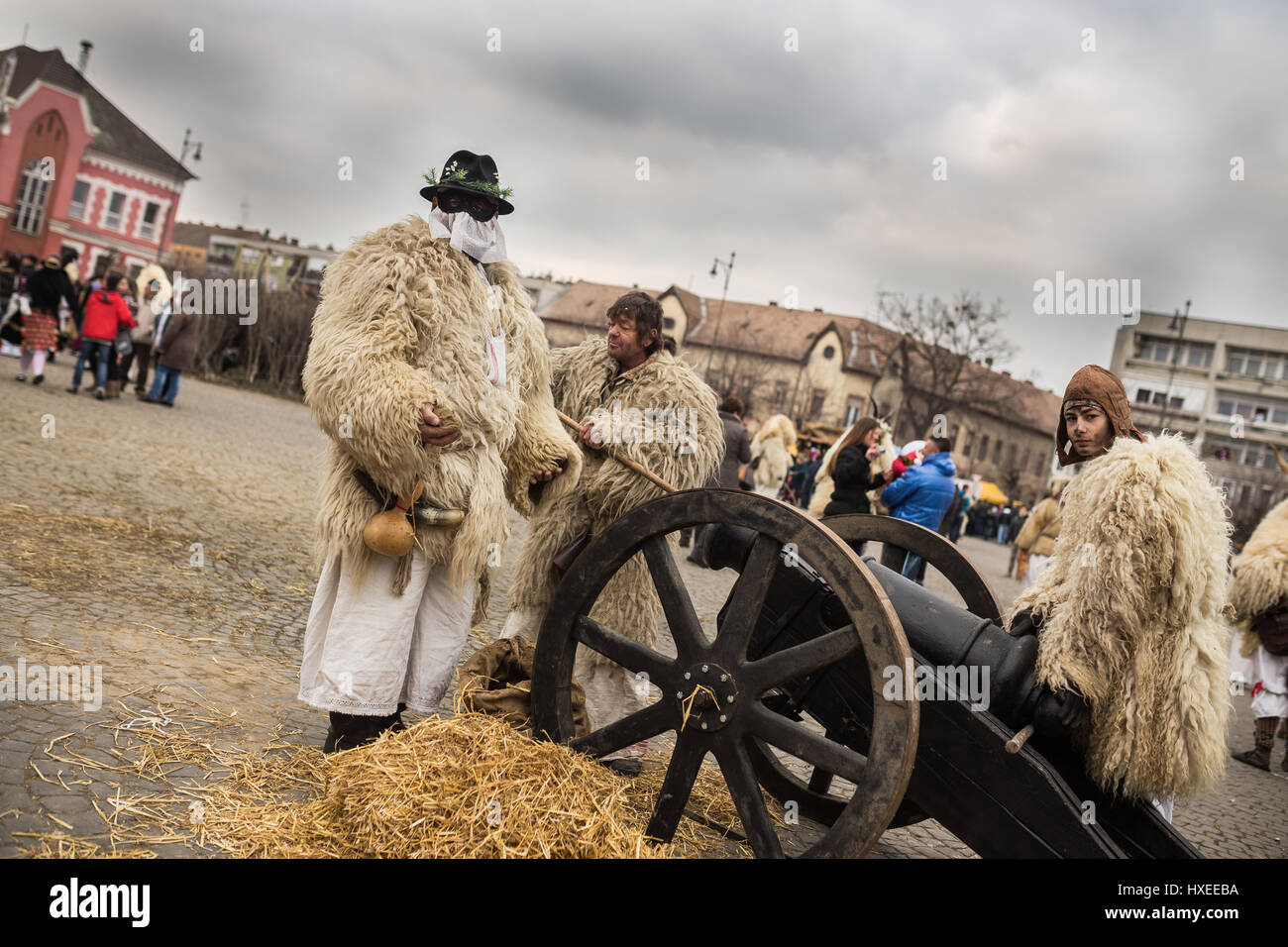 'Busos' ready to fire the cannon on the annual Buso festivities event in Mohacs, Hungary Stock Photo