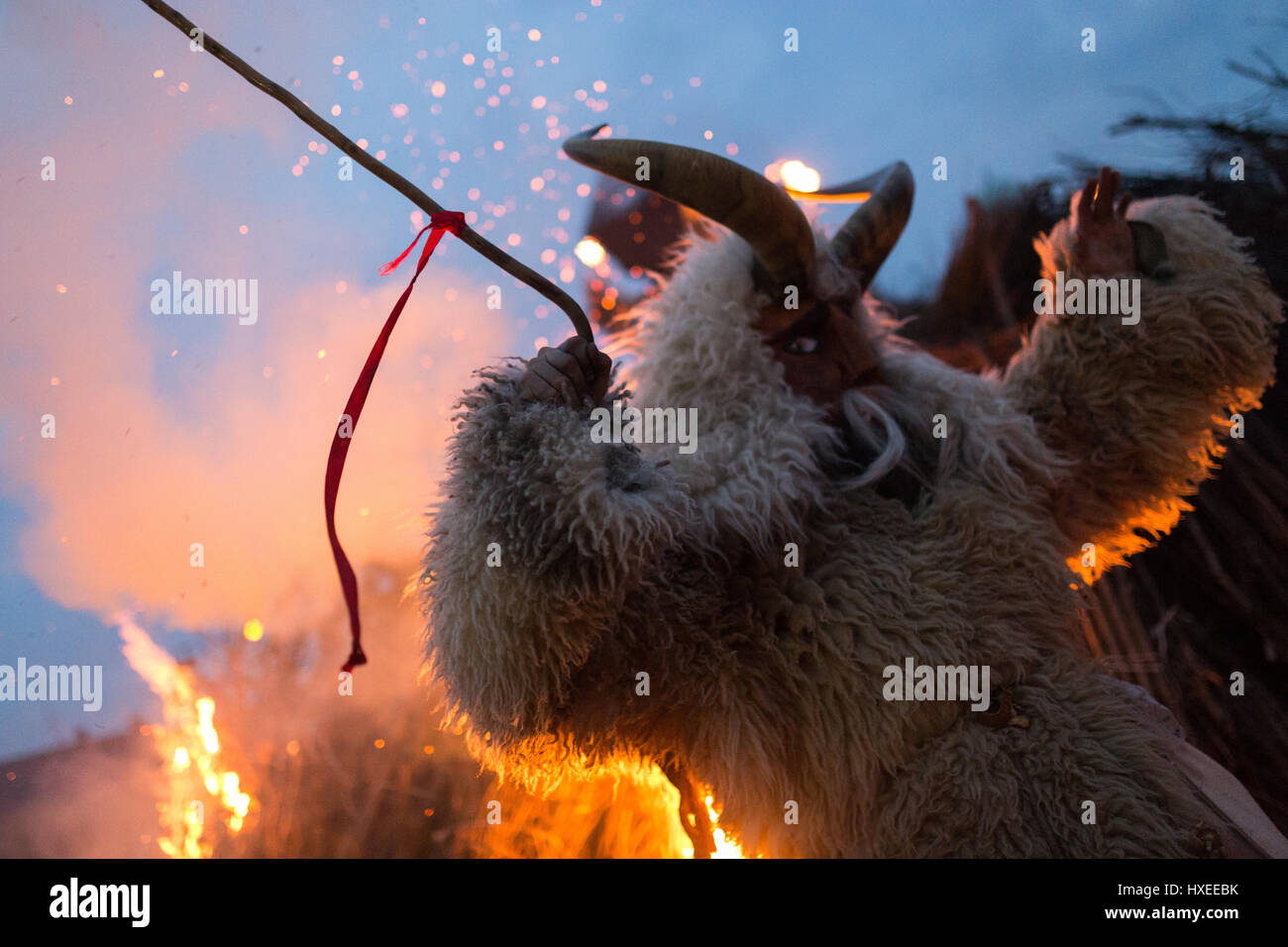 'Buso' at the huge fire during the annual 'buso' festivites in Mohacs, Southern Hungary Stock Photo