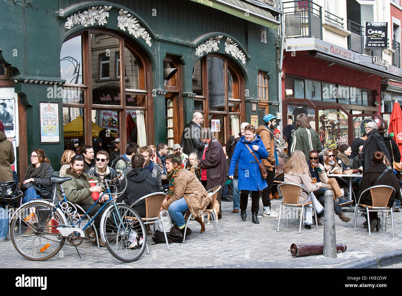 alfresco dining at the Sunday market in Liege, Belgium Stock Photo