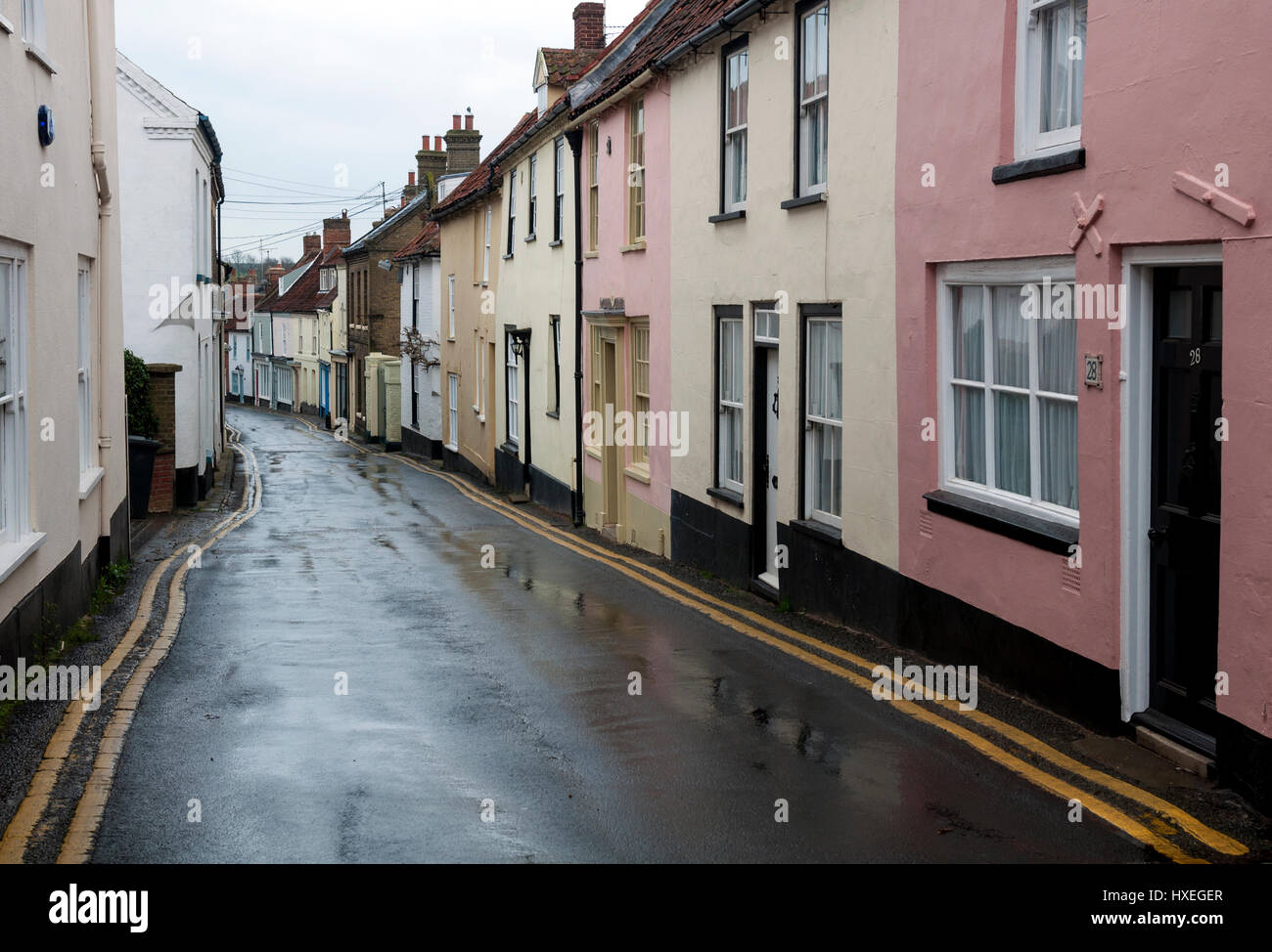 High Street in wet weather, Wells-next-the-Sea, Norfolk, England, UK Stock Photo