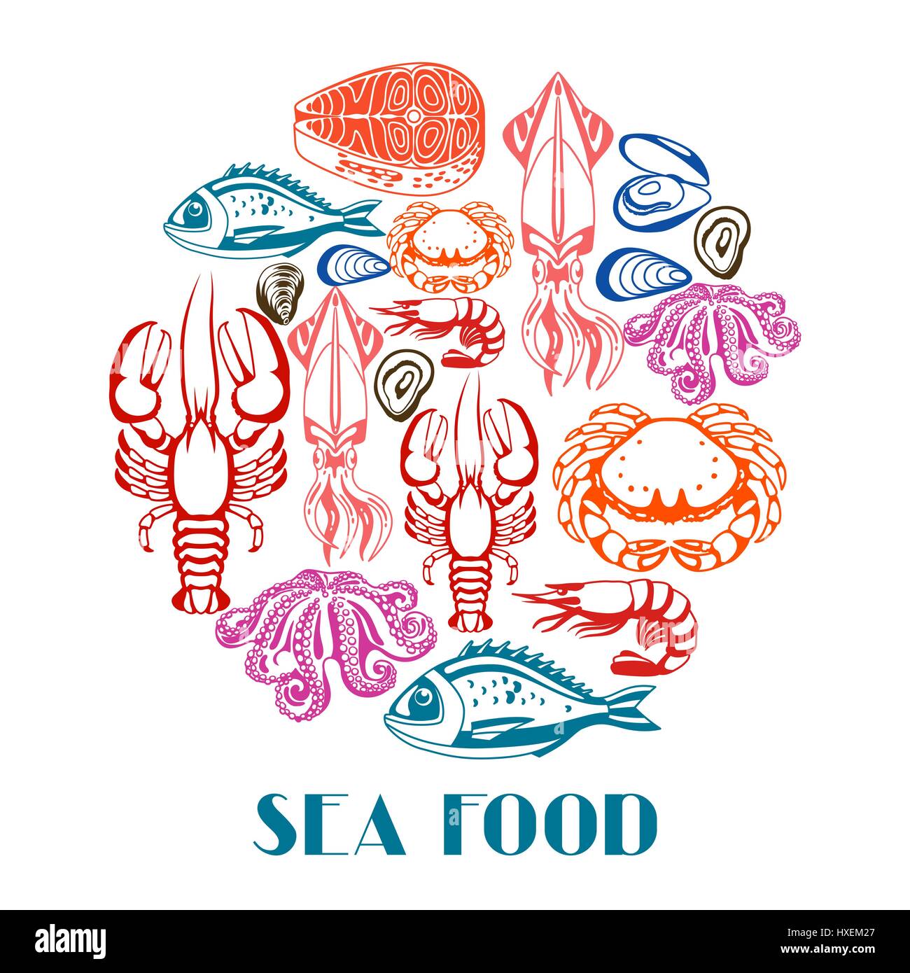 Background with various seafood. Illustration of fish, shellfish and
