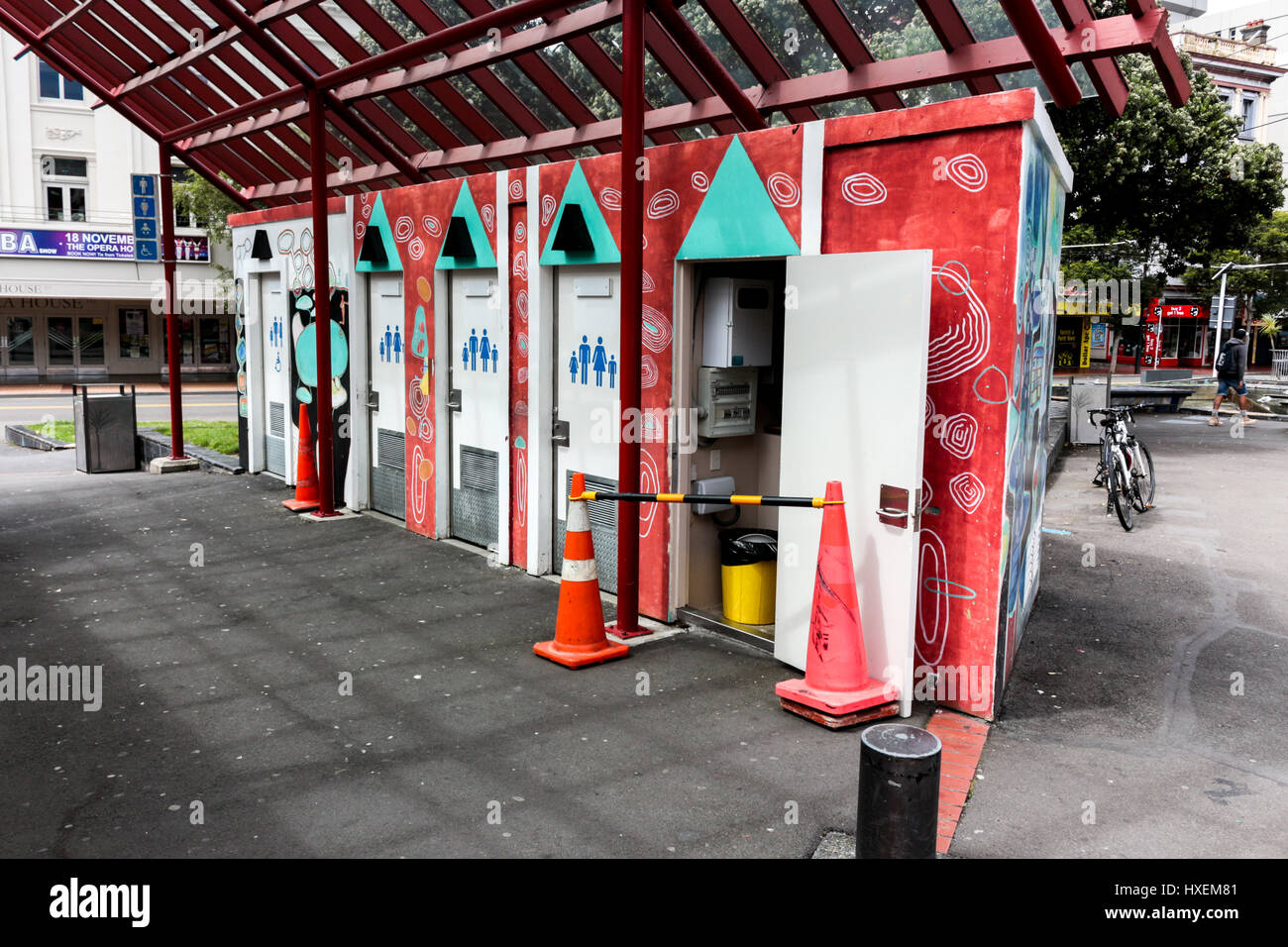 Wellington, New Zealand - February 10, 2017: Colorful painted public toilets on the street in Wellington. Stock Photo