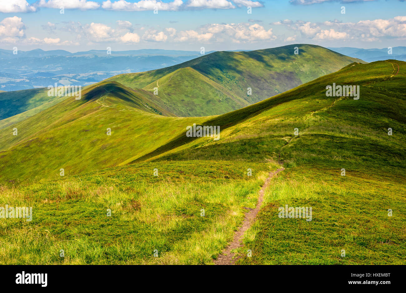 winding path through large meadows on the hillside of Carpathian mountain ridge Stock Photo