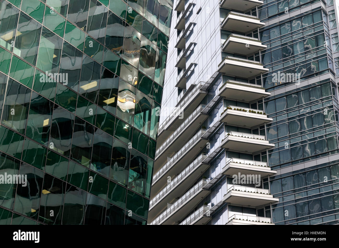 Close up of glass and steel facades of skyscrapers in downtown Vancouver,  British Columbia, Canada Stock Photo