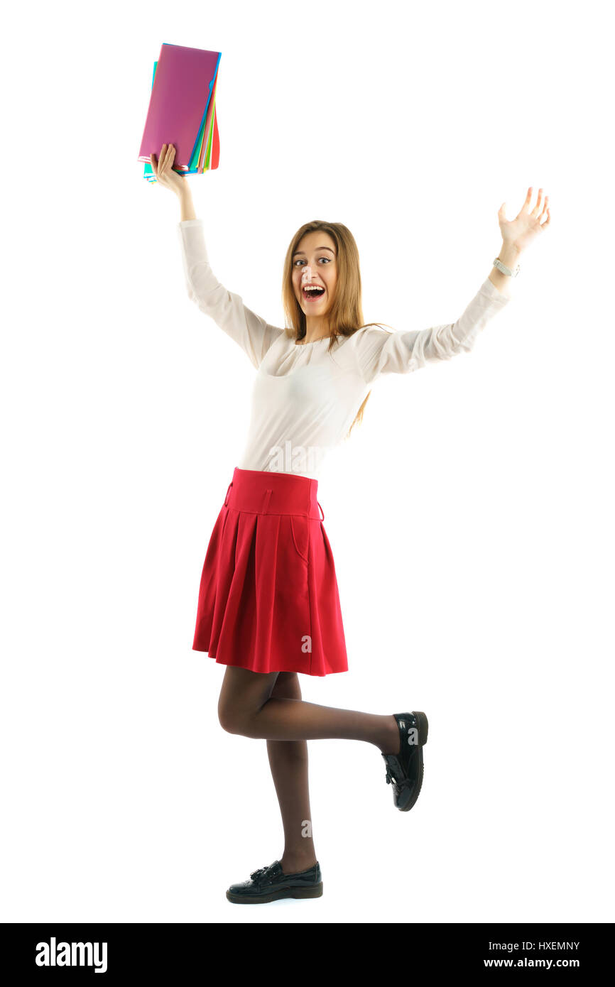 Cute young student girl with folders raise hands up Stock Photo - Alamy