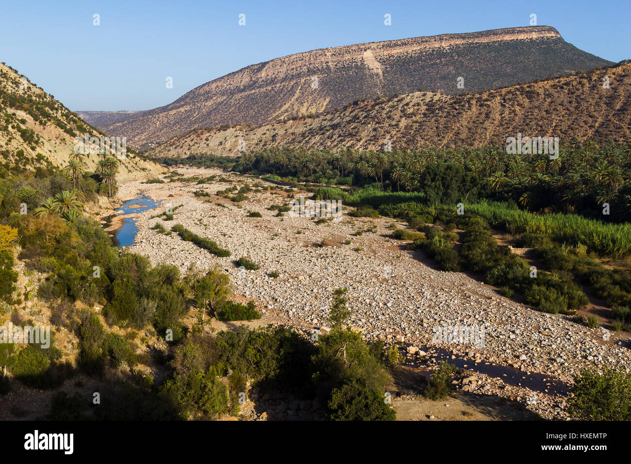 Looking down on a dried up river bed on the edge of the Atlas Mountains in Morocco. Stock Photo