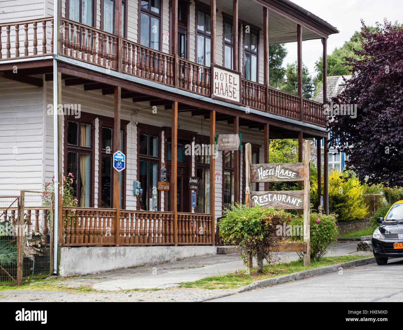 Hotel Haase, german settlers,  Puerto Octay, at lake lago llanquihue, chilenean lake district, Chile Stock Photo