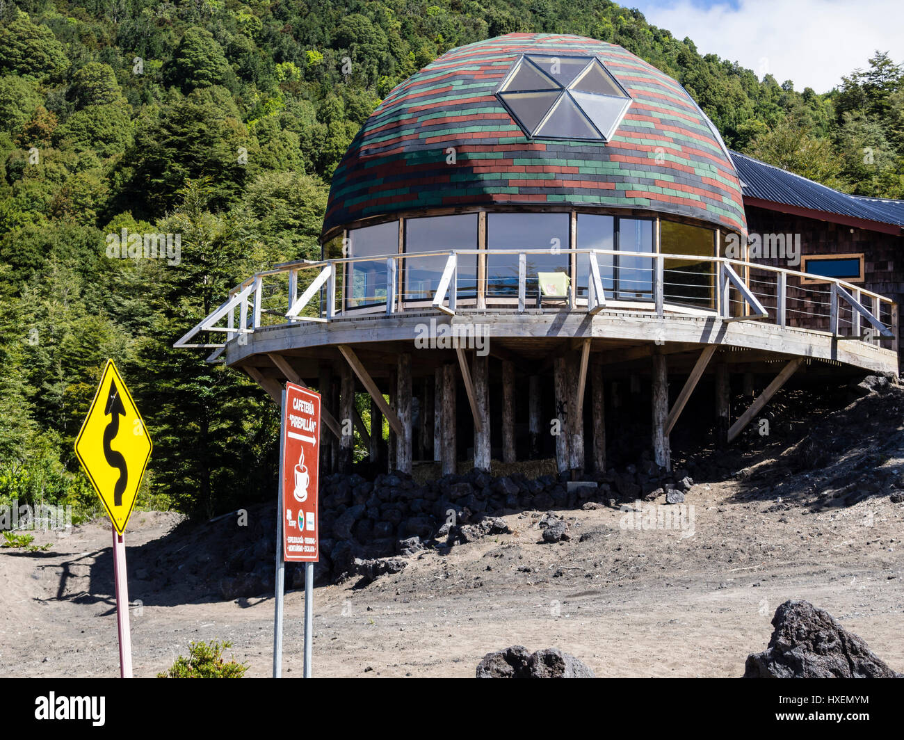 Cafeteria on the slope of volcano Osorno, at viewpoint on road to ski center,  chilean lake district,  Chile Stock Photo