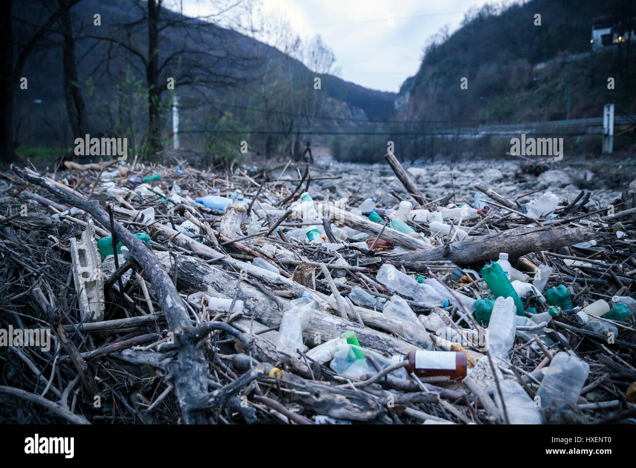 pollution of plastic bottles in the river bed Stock Photo