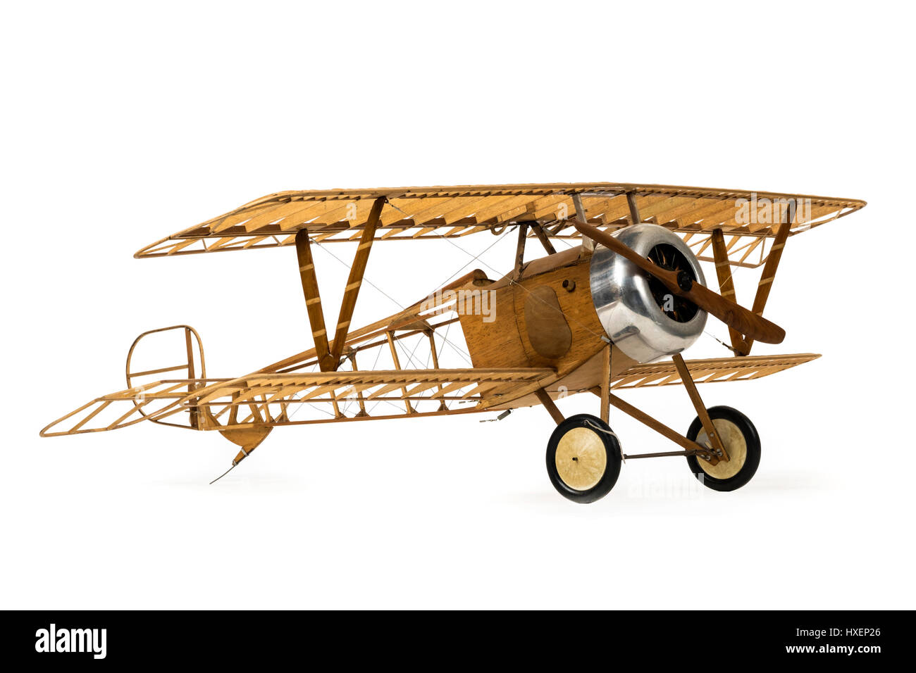 Vintage 1:6 scale skeletal model of a WW1 RFC (Royal Flying Corps) fighter aircraft, complete with Williams Bros. Le Rhone engine. Stock Photo