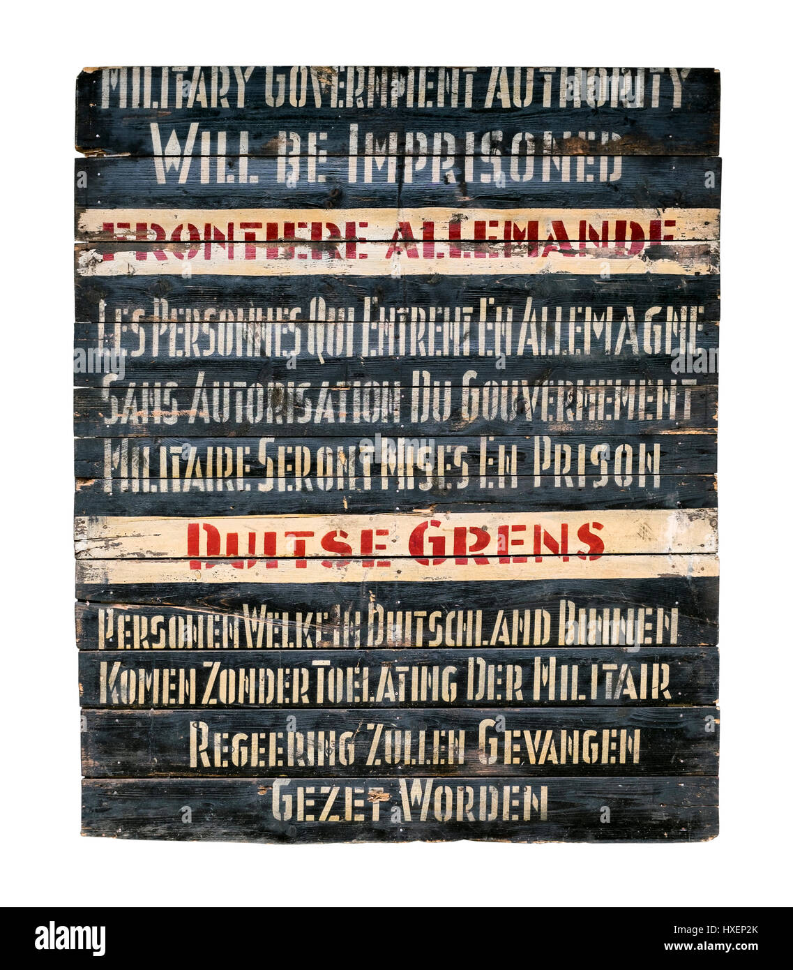 Rare original WW2 German border crossing sign removed from the Dutch/Belgian/German border circa 1945. The sign is in English, German and Dutch. Stock Photo