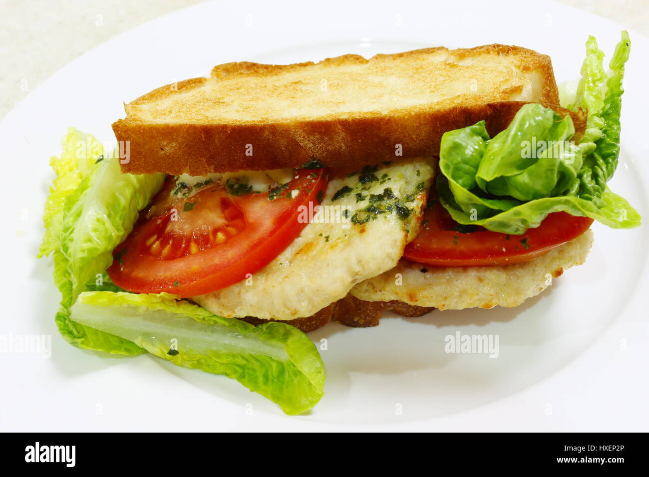 A homemade toasted chicken burger cum sandwich with tomato and lettuce salad Stock Photo