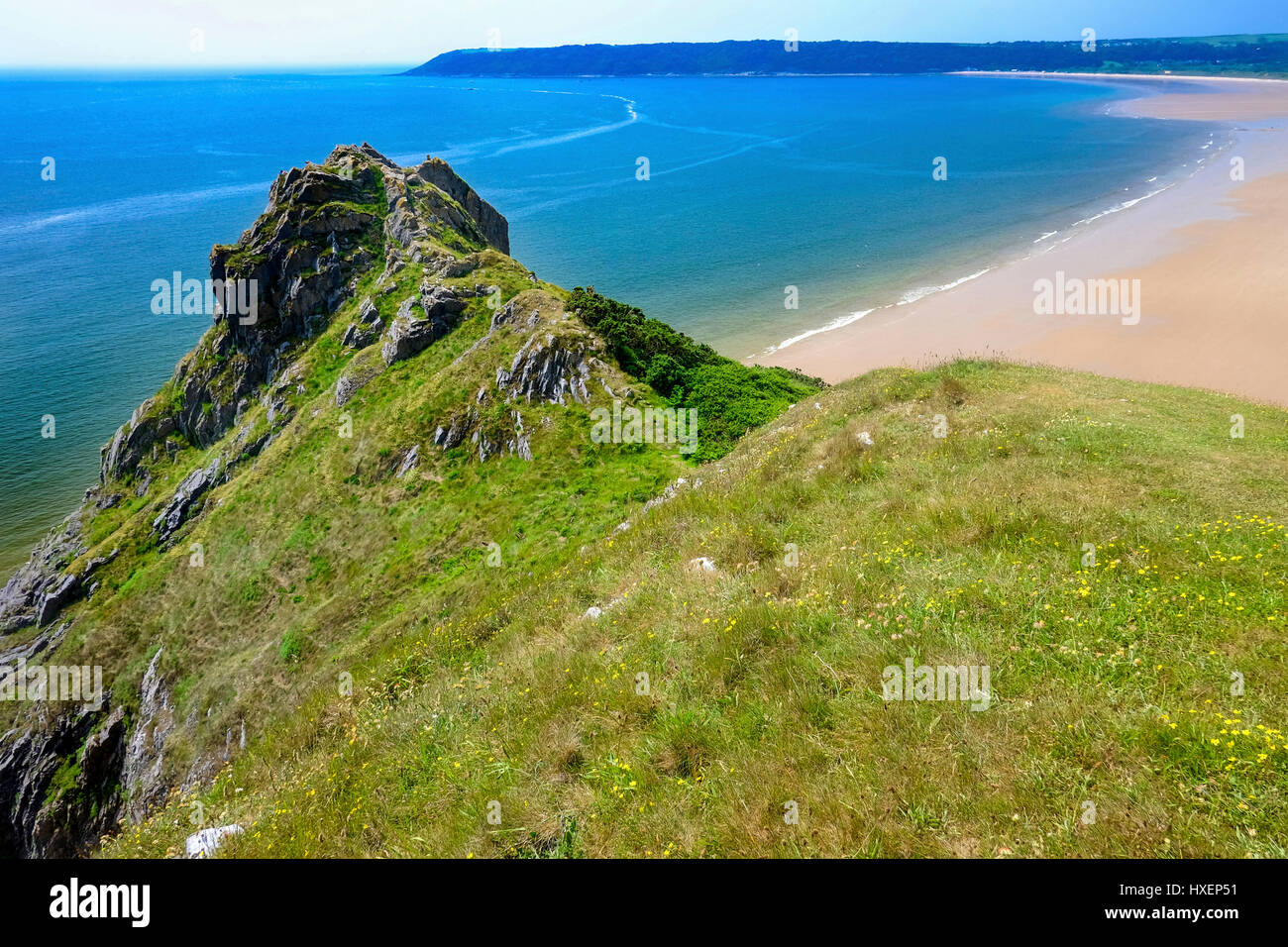 Great Tor (Tor Bay) on the Pembrokeshire Coastal Path on the Gower Peninsula, South Wales (UK) with Oxwich Bay in the distance. Stock Photo