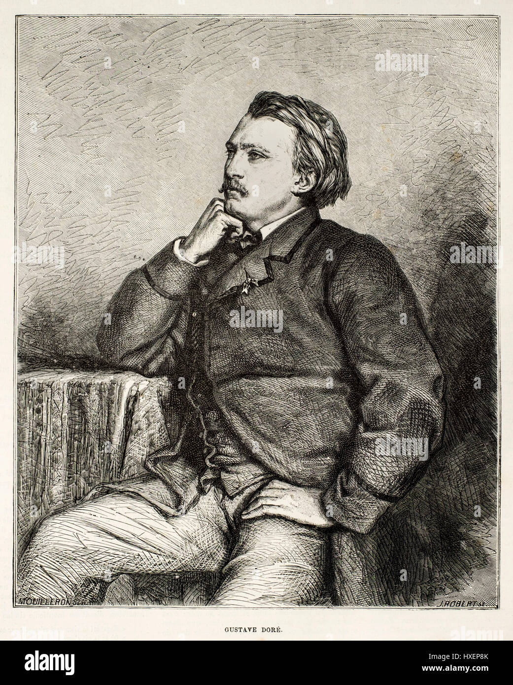 Wood engraving of the famous illustrator Gustave Dore (1832-1883) by J. Robert from the Belgian weekly newspaper L'Illustration Europeenne (1871) Stock Photo