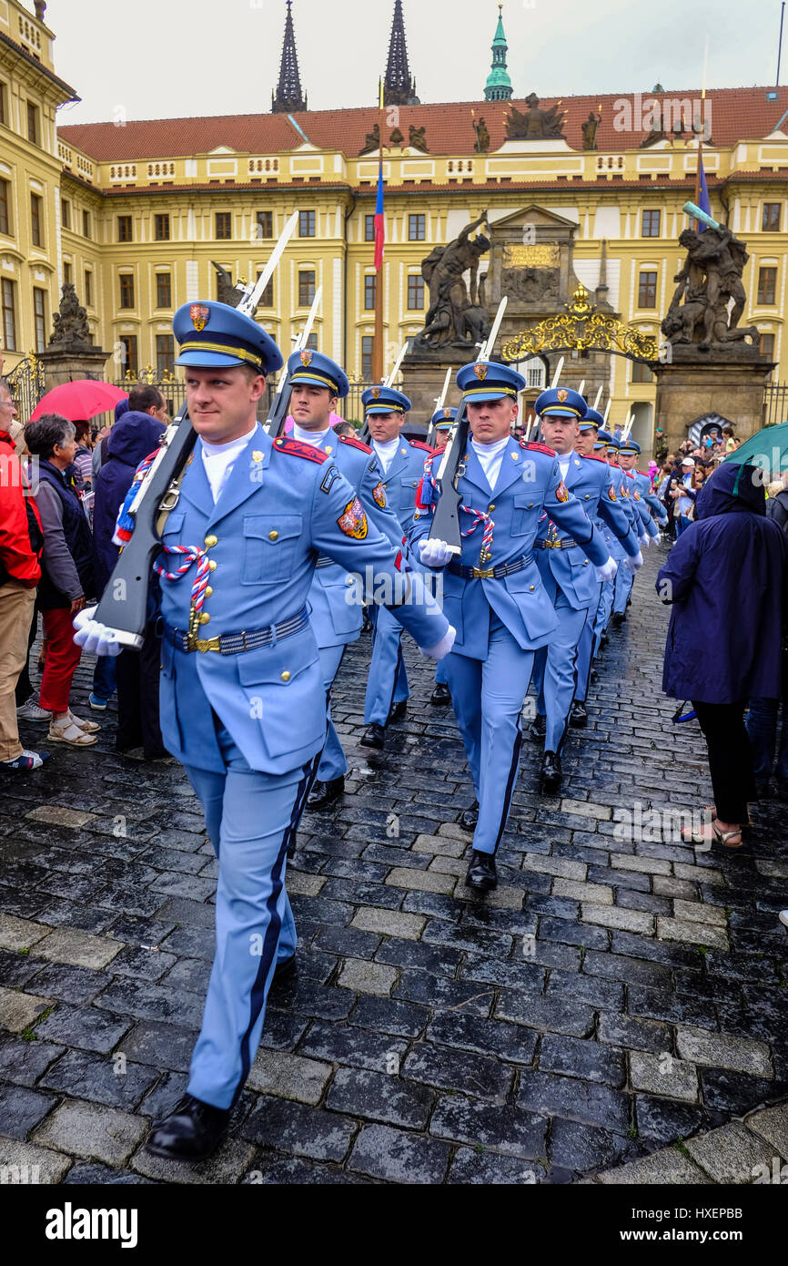 Changing of the Guards at Prague Castle, Czech Republic. The Guards are wearing their summer uniform. Stock Photo