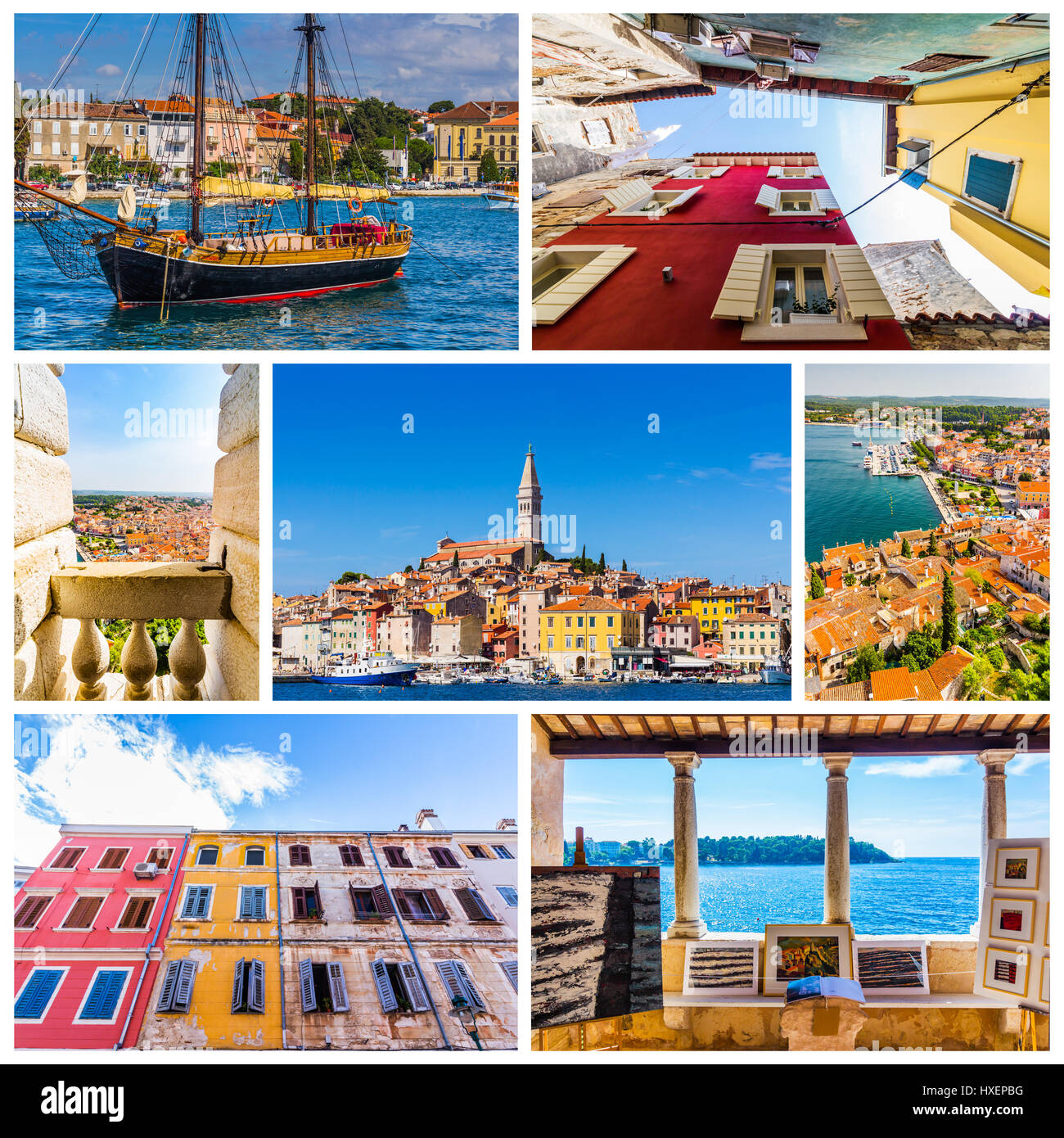 Collage of Rovinj photos in Croatia Stock Photo