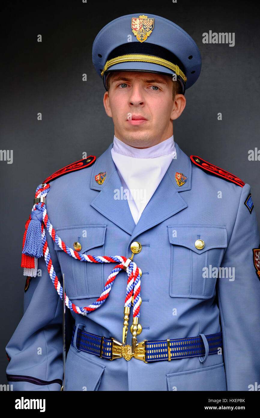 Prague Castle Guard (Hradní stráž) on duty at Prague Castle, Czech Republic. The Guard is wearing his summer uniform. Stock Photo