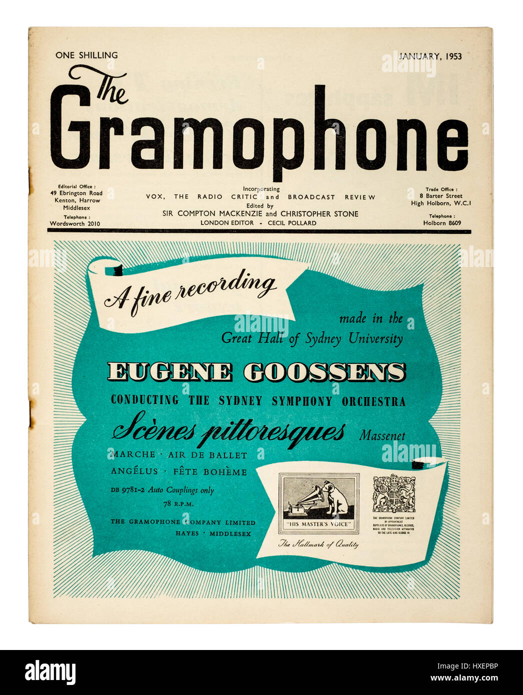 January 1953 issue of 'The Gramophone', a monthly magazine published in London devoted to classical music, particularly to reviews of recordings. Stock Photo