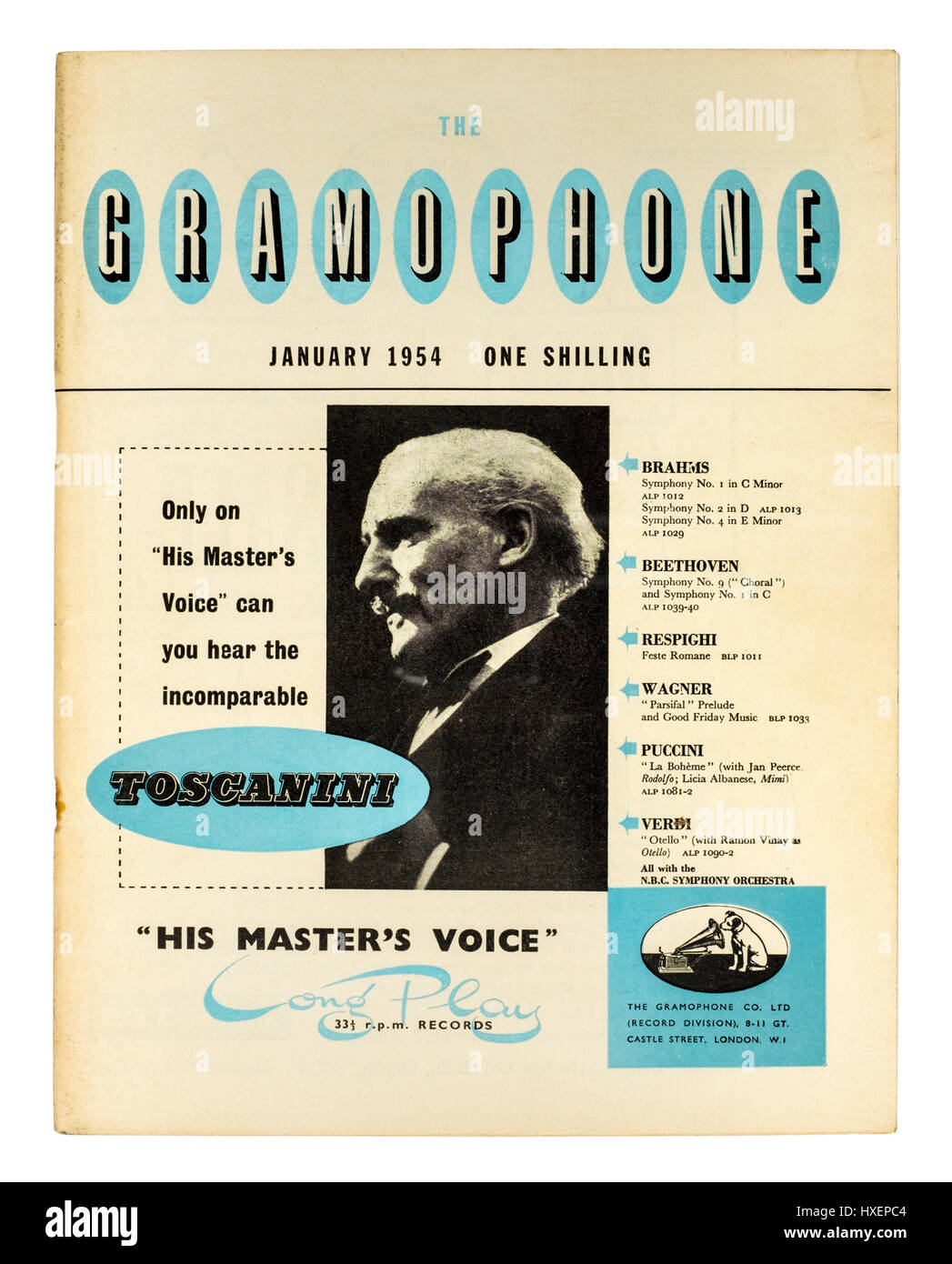 January 1954 issue of 'The Gramophone', a monthly magazine published in London devoted to classical music, particularly to reviews of recordings. Stock Photo