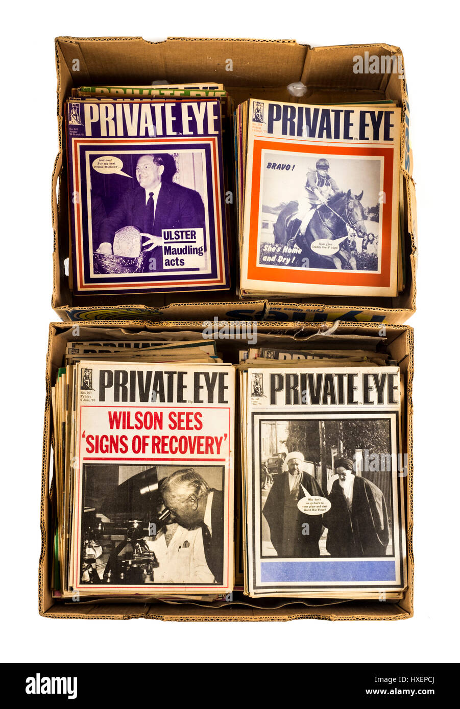 Large collection of vintage 1970s issues of Private Eye magazine, the popular satirical / humorous publication famous for lampooning of politicians. Stock Photo