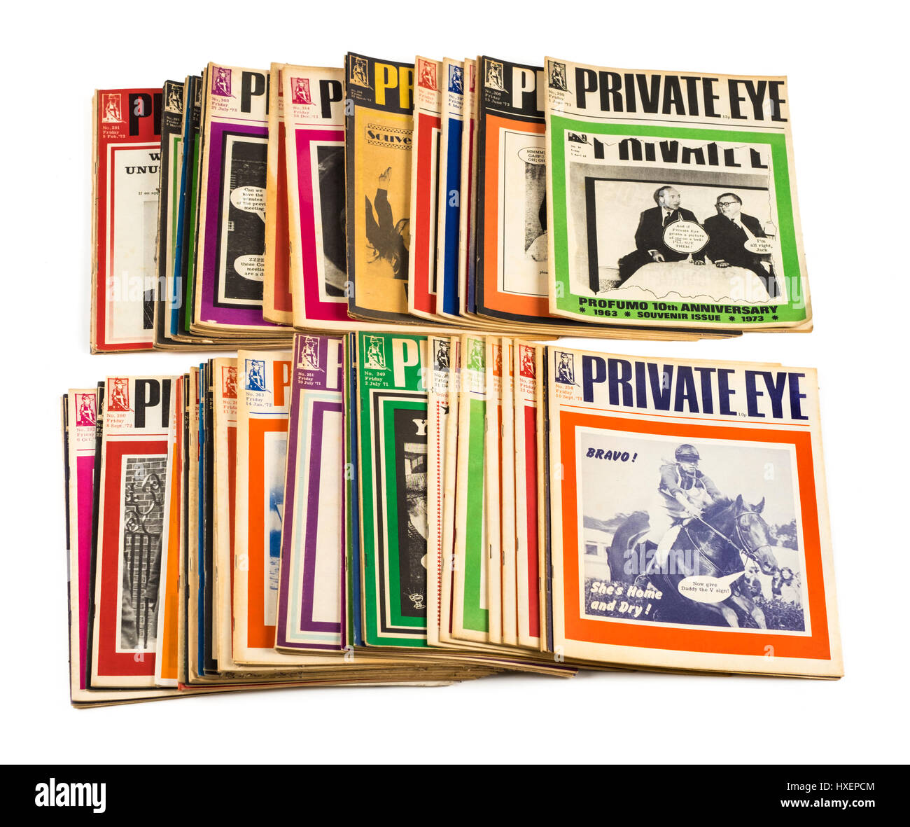 Large collection of vintage 1970s issues of Private Eye magazine, the popular satirical / humorous publication famous for lampooning of politicians. Stock Photo