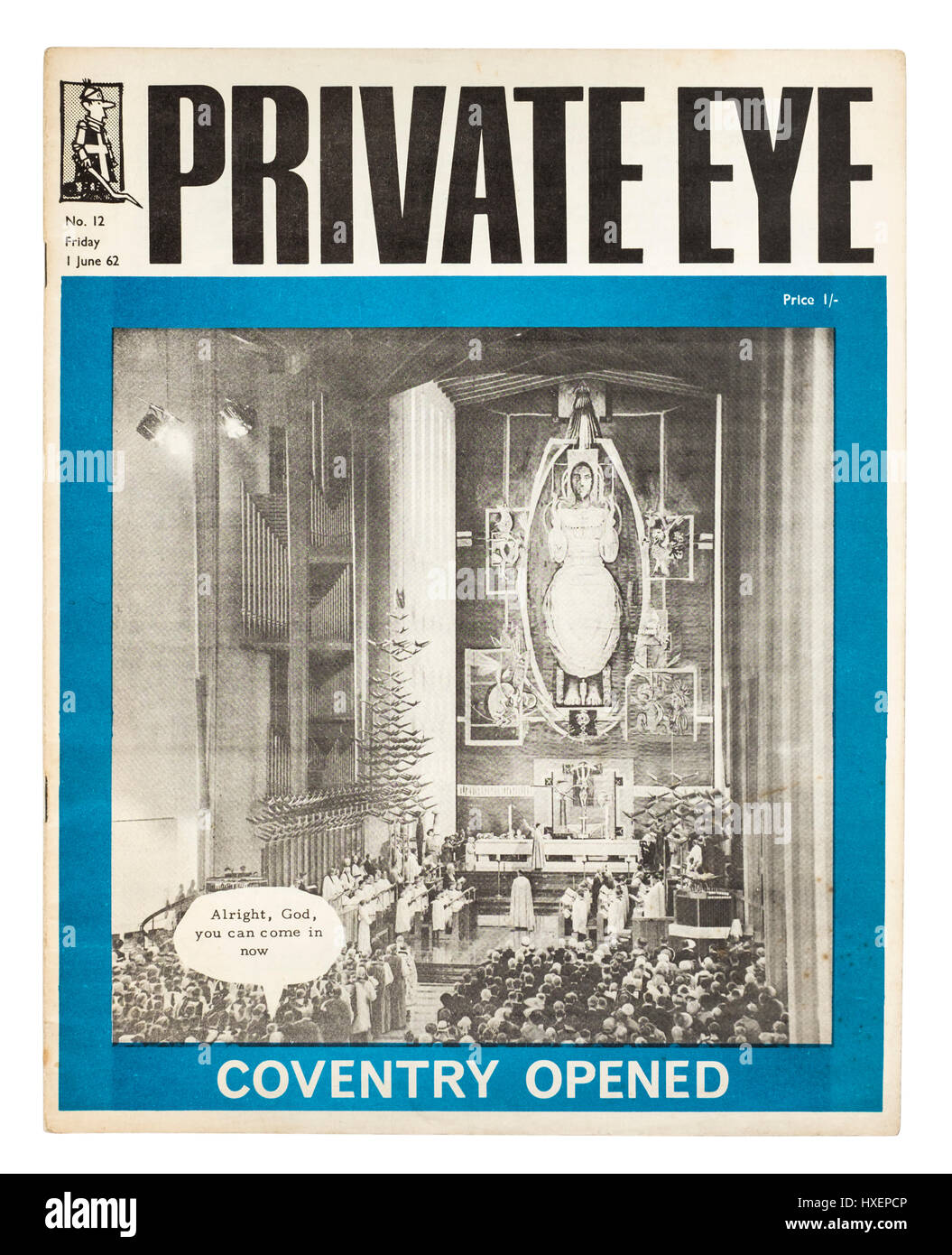 Rare early copy of Private Eye magazine (Issue No 12 dated Friday 1st June 1962) with the opening of the new Coventry Cathedral on the front cover. Stock Photo